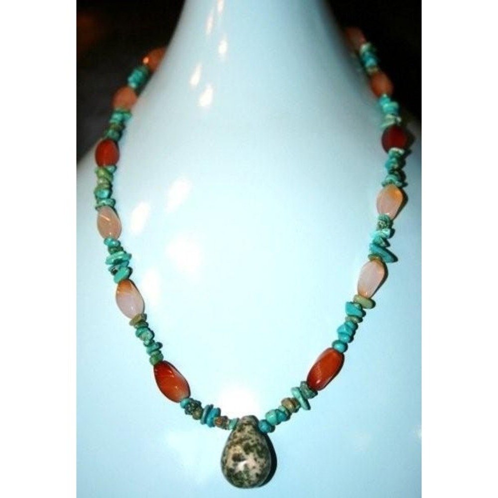Handmade necklace tree agate semi precious stone Turquoise chips and Carnelian
